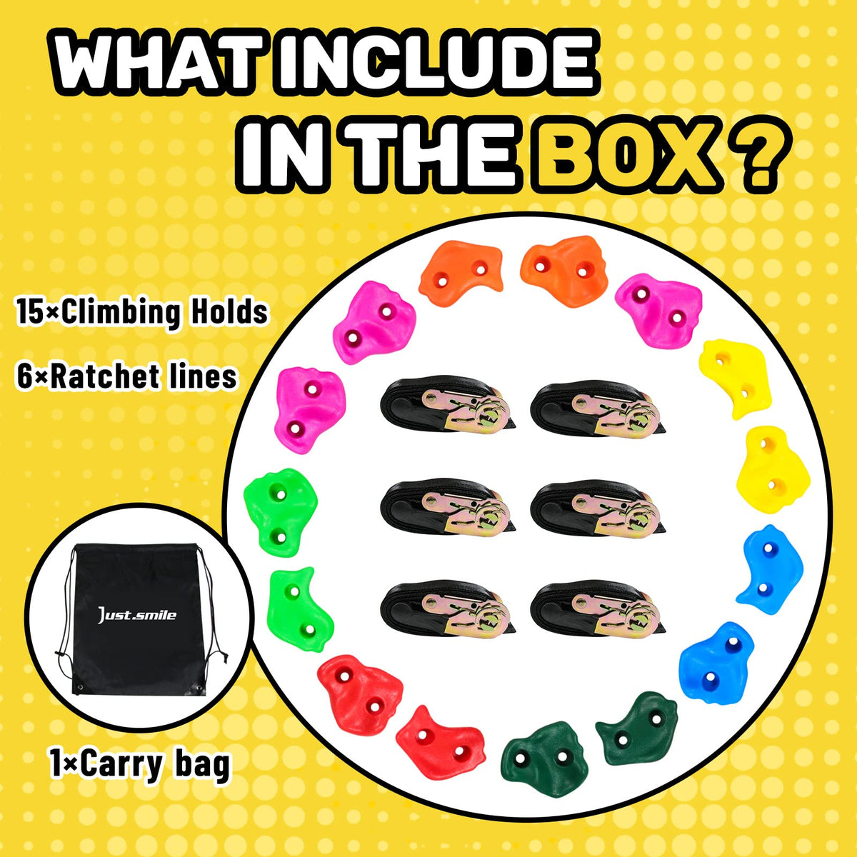 Just.smile colorful climbing stones attract kids and build balance, flexibility, and grip strength.