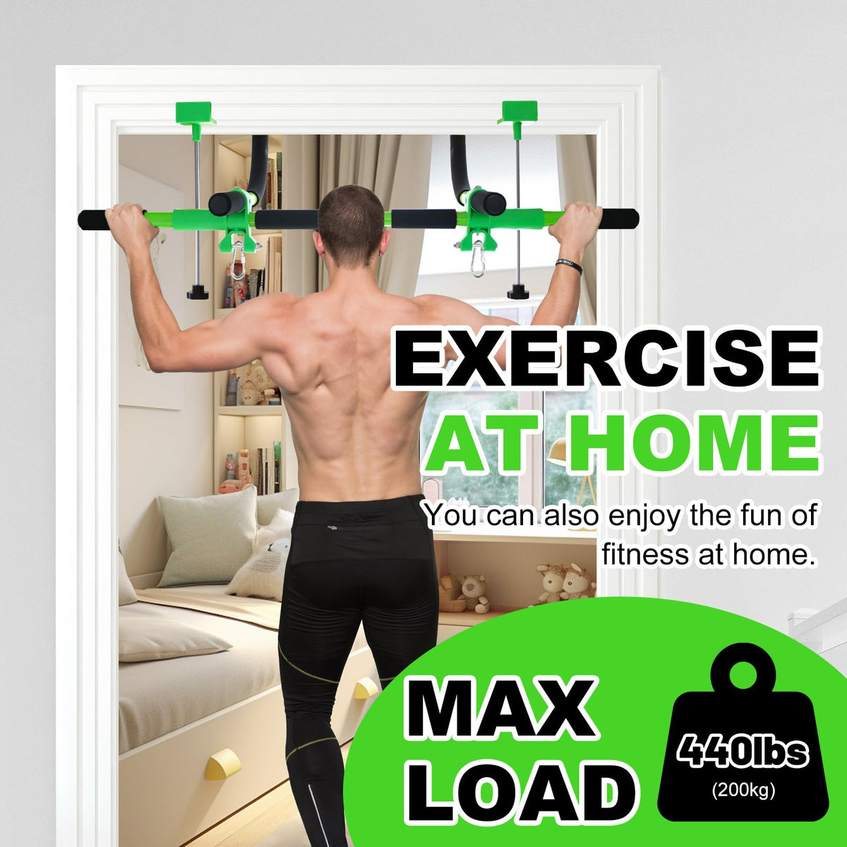 Just.smile pull-up bar in doorway enables safe upper-body exercise for adults.
