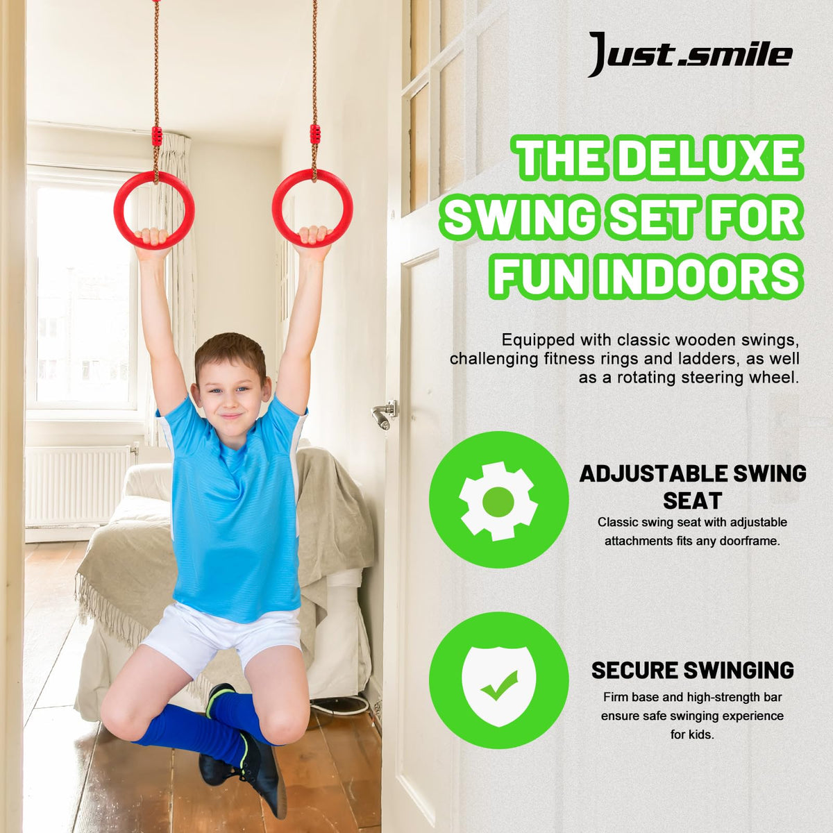 Just.smile rotating disc on doorway setup supports dynamic balance for kids.