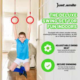 Just.smile rotating disc on doorway setup supports dynamic balance for kids.