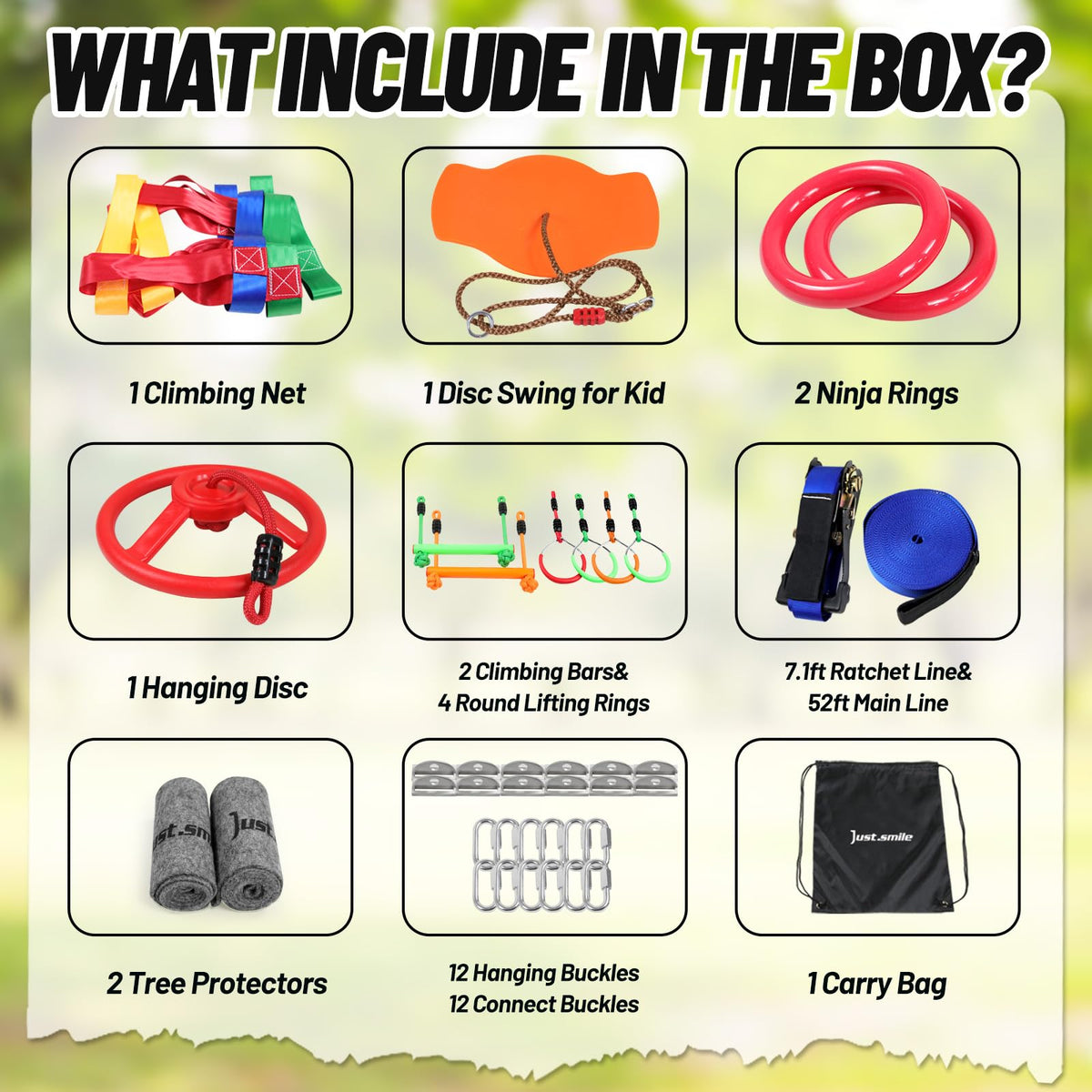 Just.smile Ninja Slackline 11-obstacle setup promotes confidence through adventure.