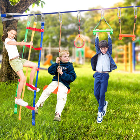 Just.smile Ninja Slackline backyard setup with kids smiling outside.