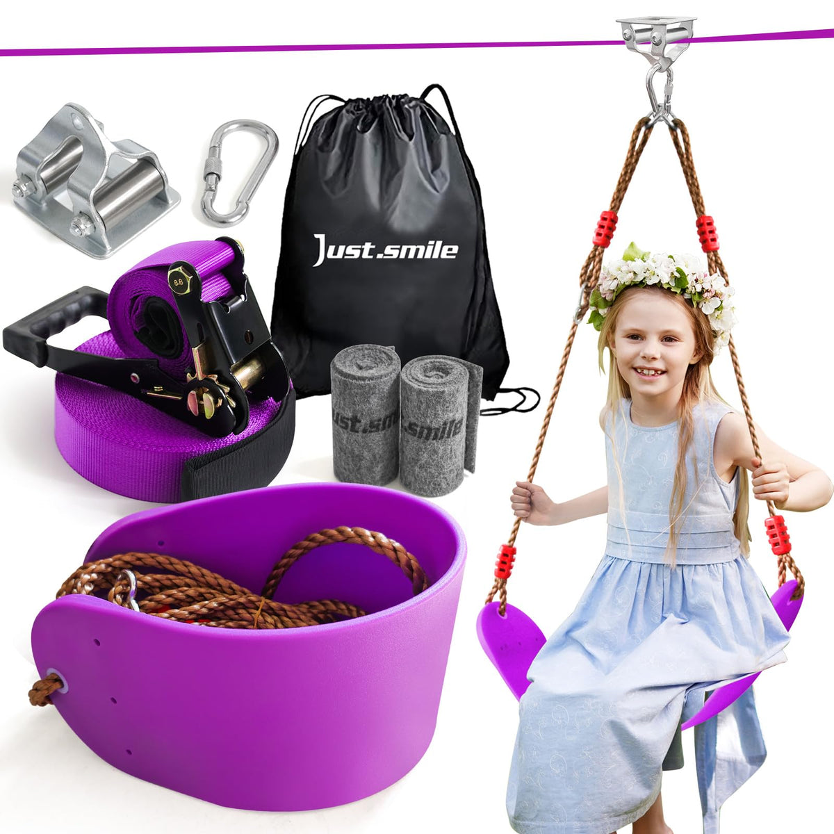 Just.smile zipline kit steel pulley slider in action, smooth sliding for backyard fun