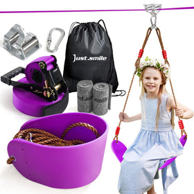 Just.smile zipline kit steel pulley slider in action, smooth sliding for backyard fun