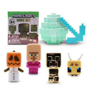 Just Toys Minecraft Mine Kit shows compact sand block and iron pickaxe for hands-on mining.