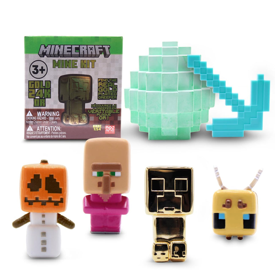 Just Toys Minecraft Mine Kit shows compact sand block and iron pickaxe for hands-on mining.