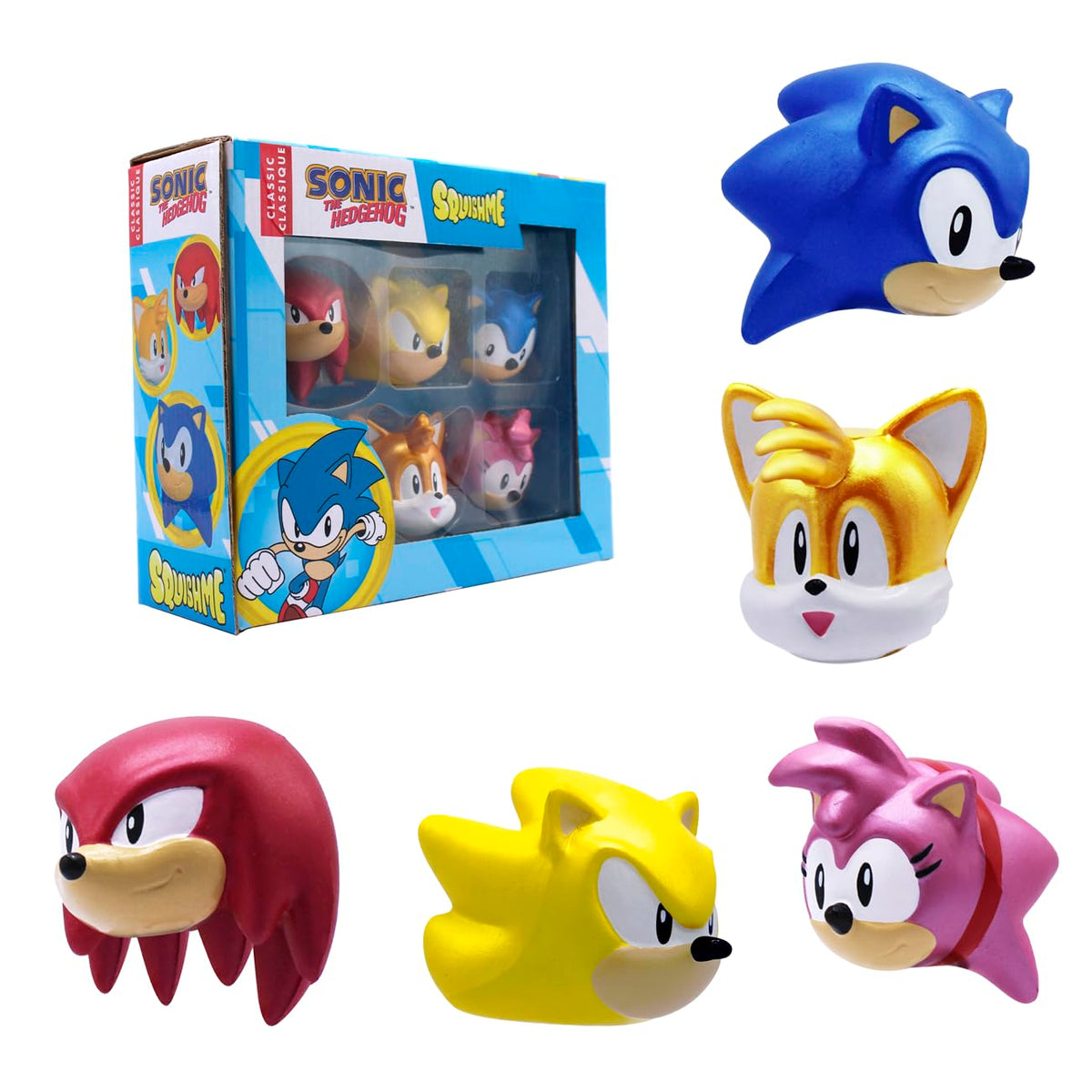 Just Toys Sonic SquishMe Series 1 front view, bold colors suitable for shelf display.
