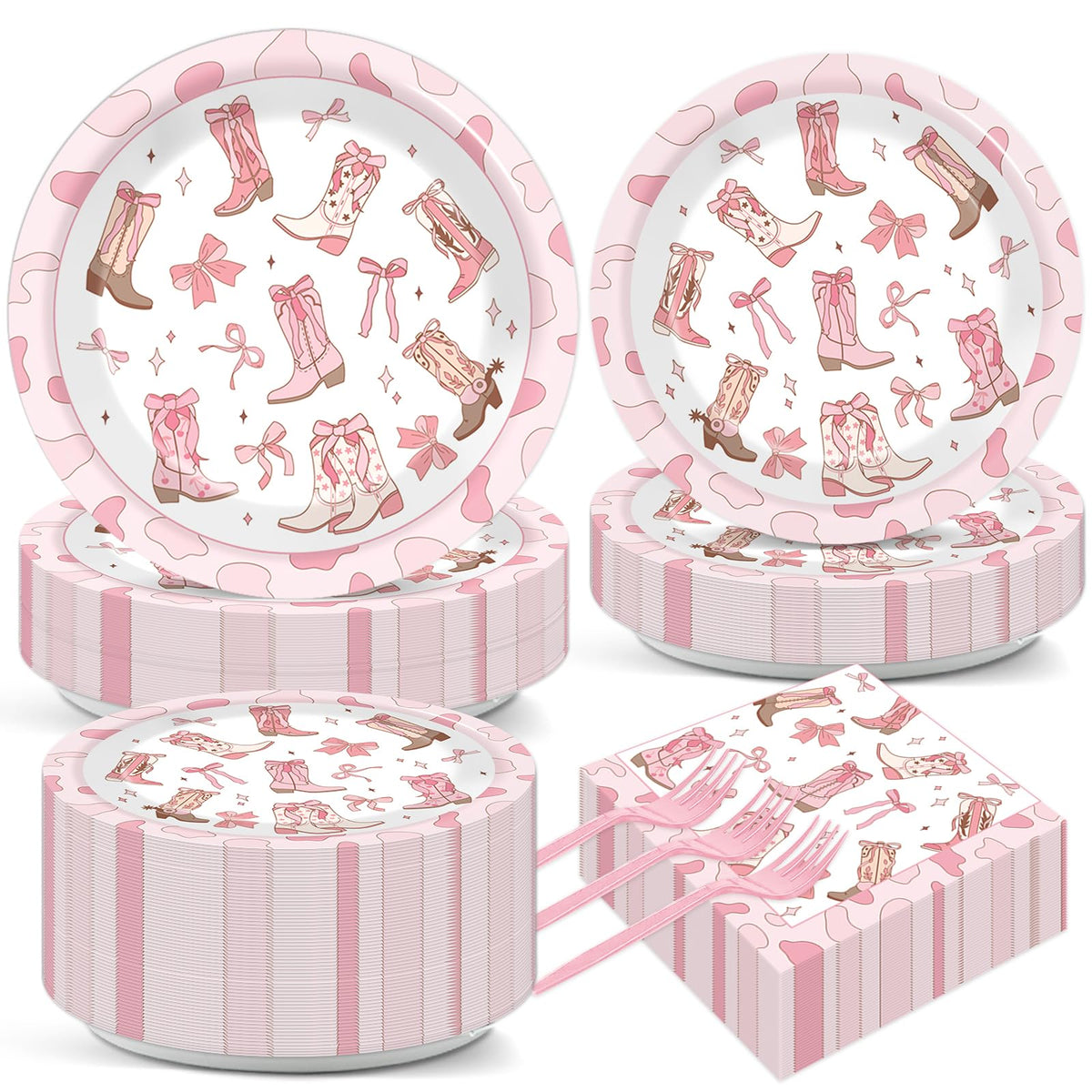 Justforjoyful coquette bow cowgirl plates with pink bows for festive gatherings and easy cleanup.