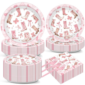 Justforjoyful coquette bow cowgirl plates with pink bows for festive gatherings and easy cleanup.