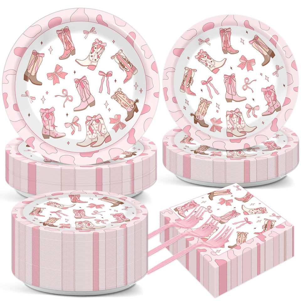 Justforjoyful coquette bow cowgirl plates with pink bows for festive gatherings and easy cleanup.