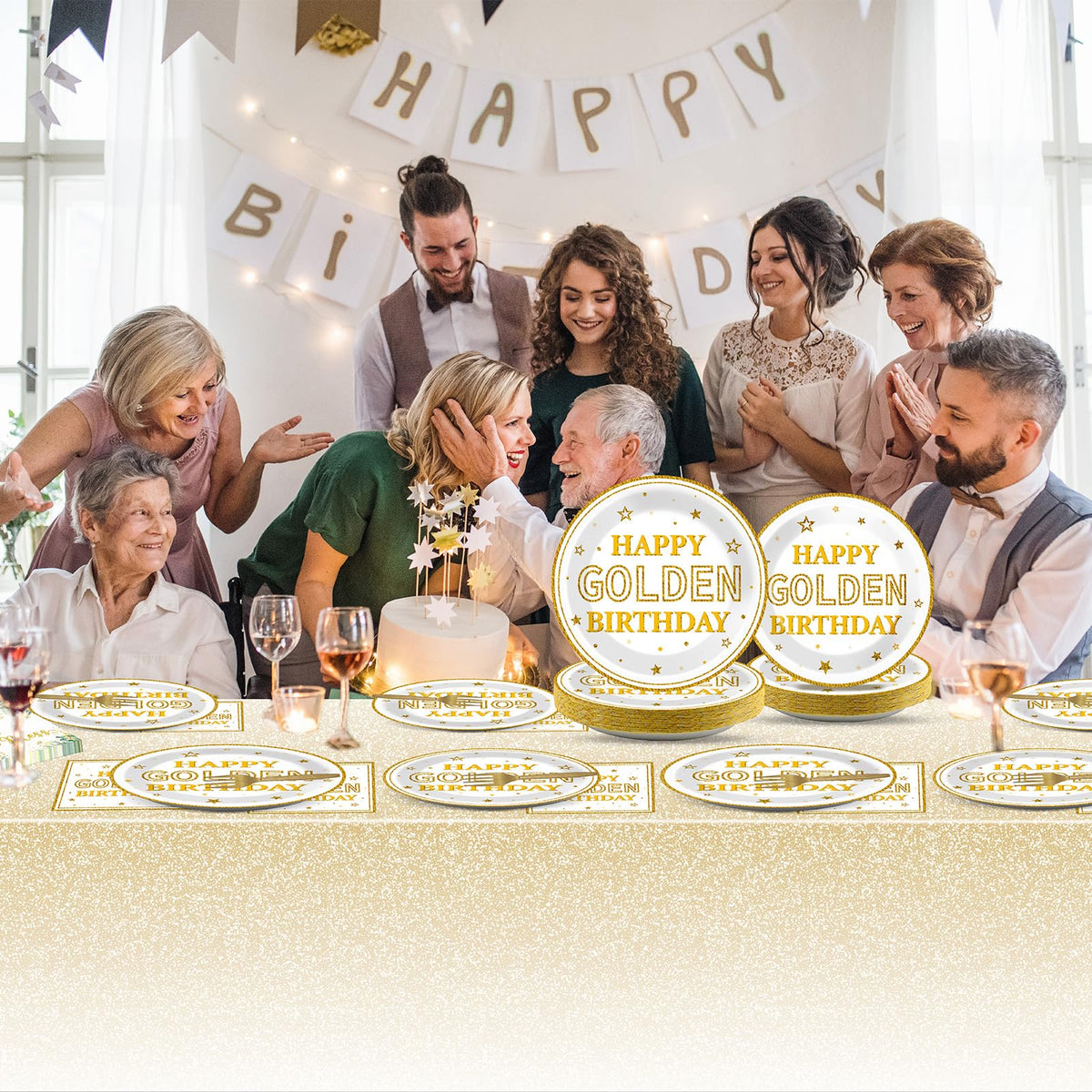 Justforjoyful golden birthday decorations with banner and backdrops.