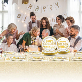 Justforjoyful golden birthday decorations with banner and backdrops.
