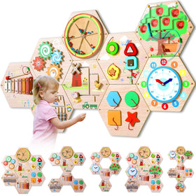 Justforjoyful hexagon wall panel setup showcases durable wooden design for engaging playtime.