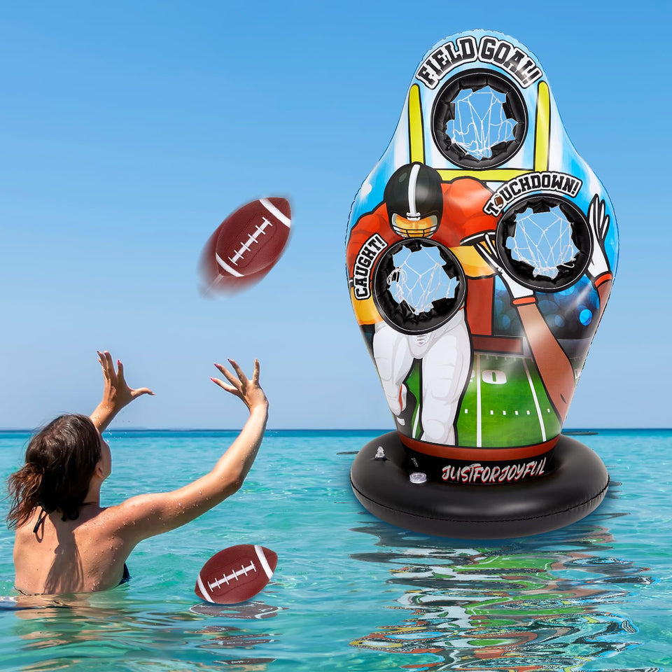 Justforjoyful inflatable football target in pool for coordinated throws and fun.