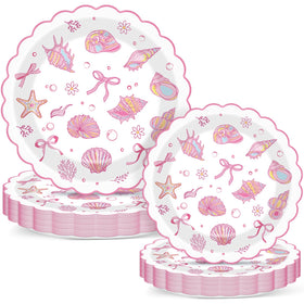 Justforjoyful pink bow starfish seashell 7-inch dessert plates for stylish coastal gatherings.