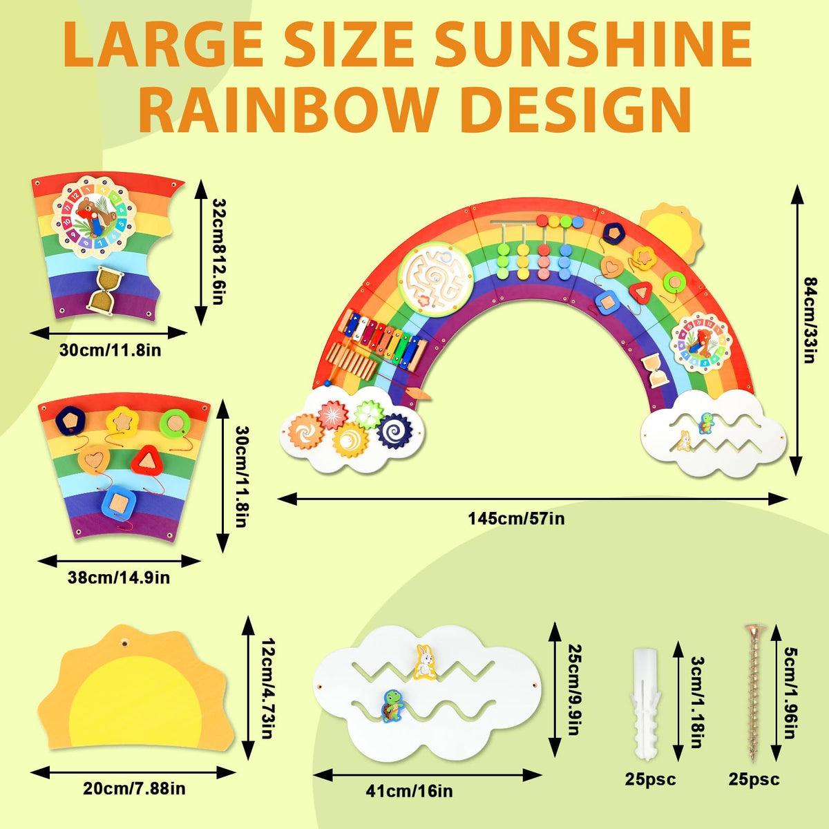 Justforjoyful sunshine rainbow wall panel assembled display shows immersive, space-saving play space.