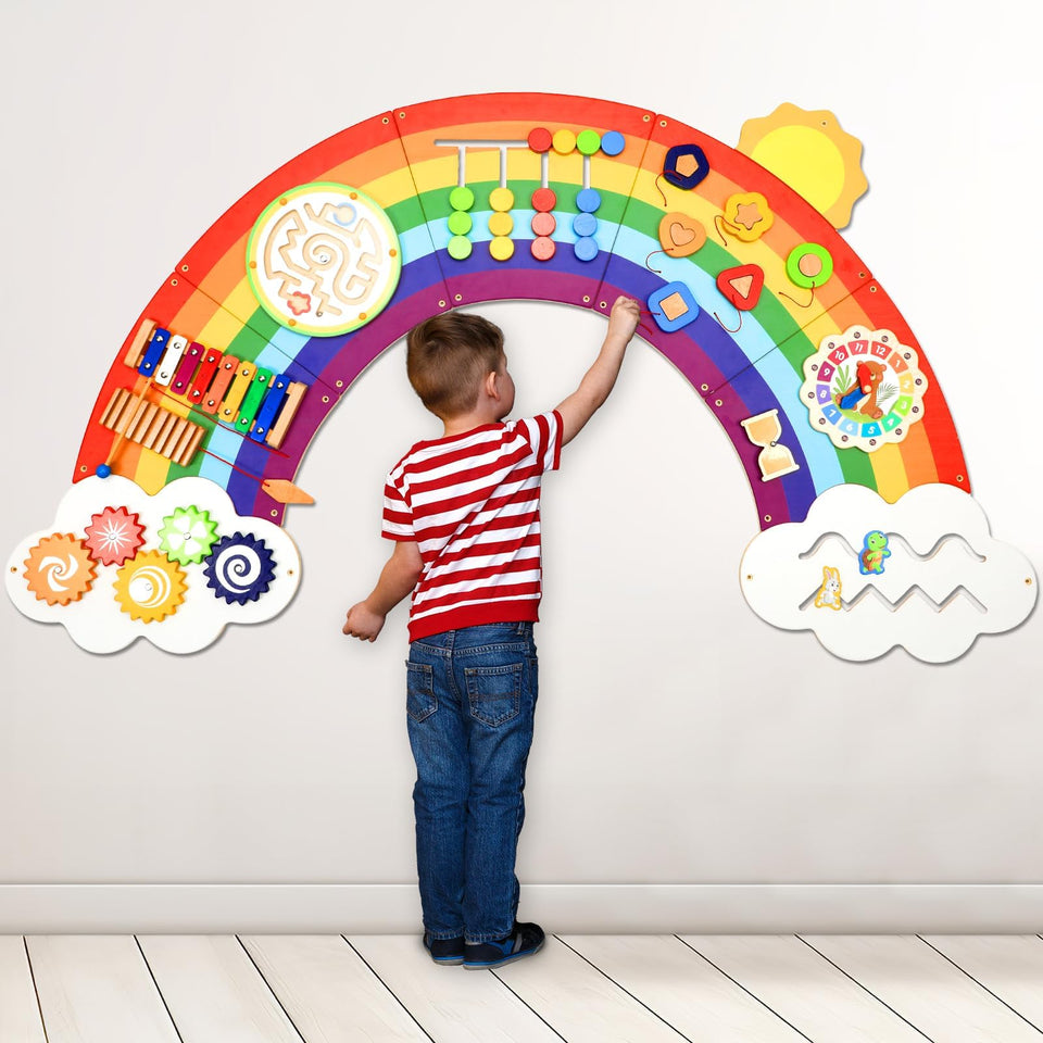 Justforjoyful sunshine rainbow wall panel front view highlights sensory play and visual engagement.