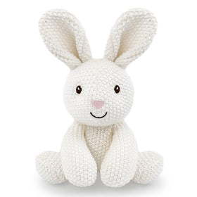 JUSTQUNSEEN bunny seated knitted toy for cozy bedtime cuddles.