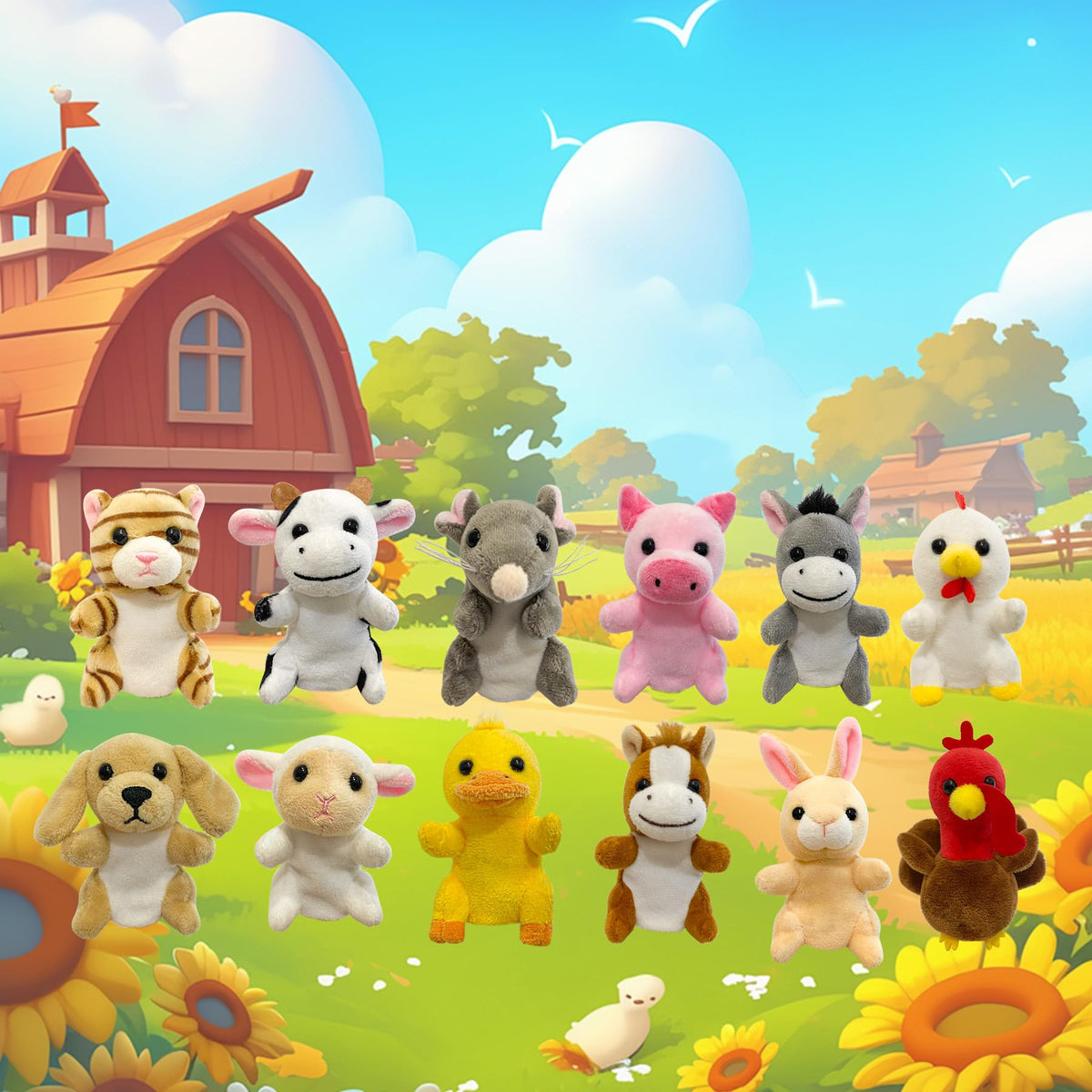 JUSTQUNSEEN farm animal puppets in a play world for learning and laughter