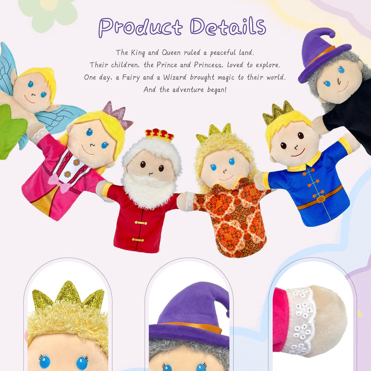 JUSTQUNSEEN king puppet with lace cuffs for classroom role play and storytelling
