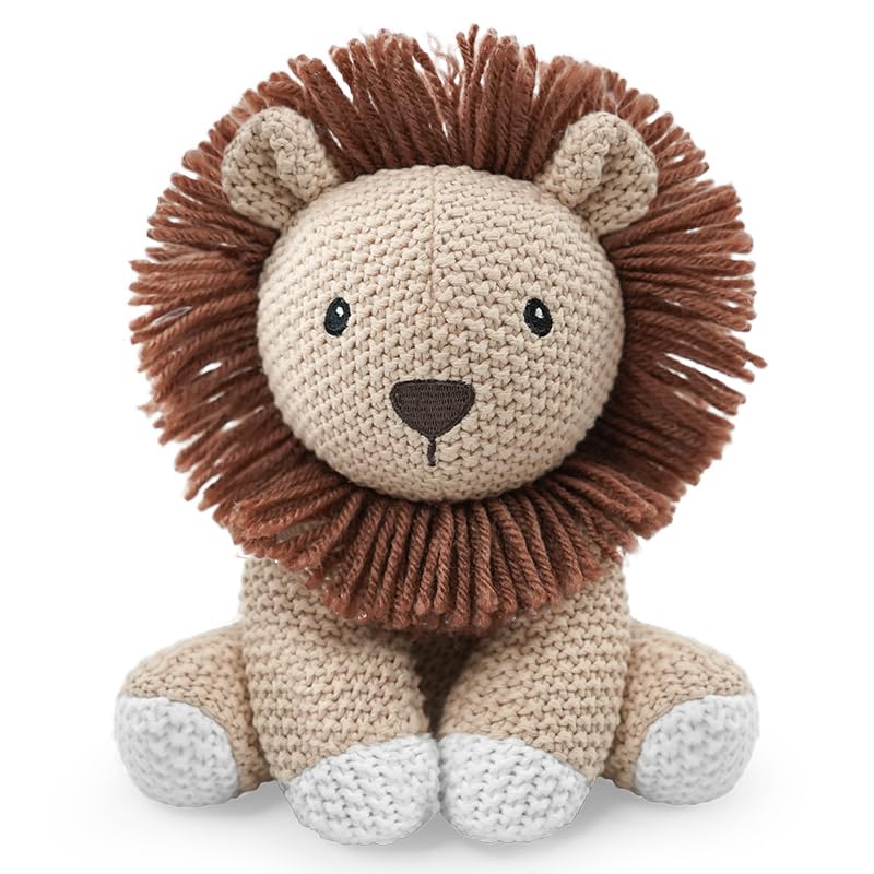 JUSTQUNSEEN lion knit toy, 8-inch seated, cozy playtime.