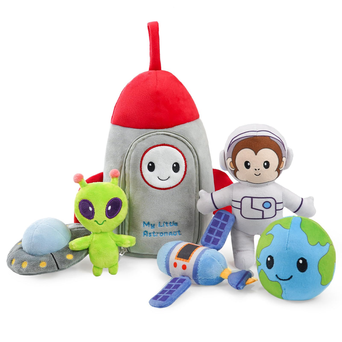 JUSTQUNSEEN plush astronaut set with rocket bag, ideal for imaginative space playtime.