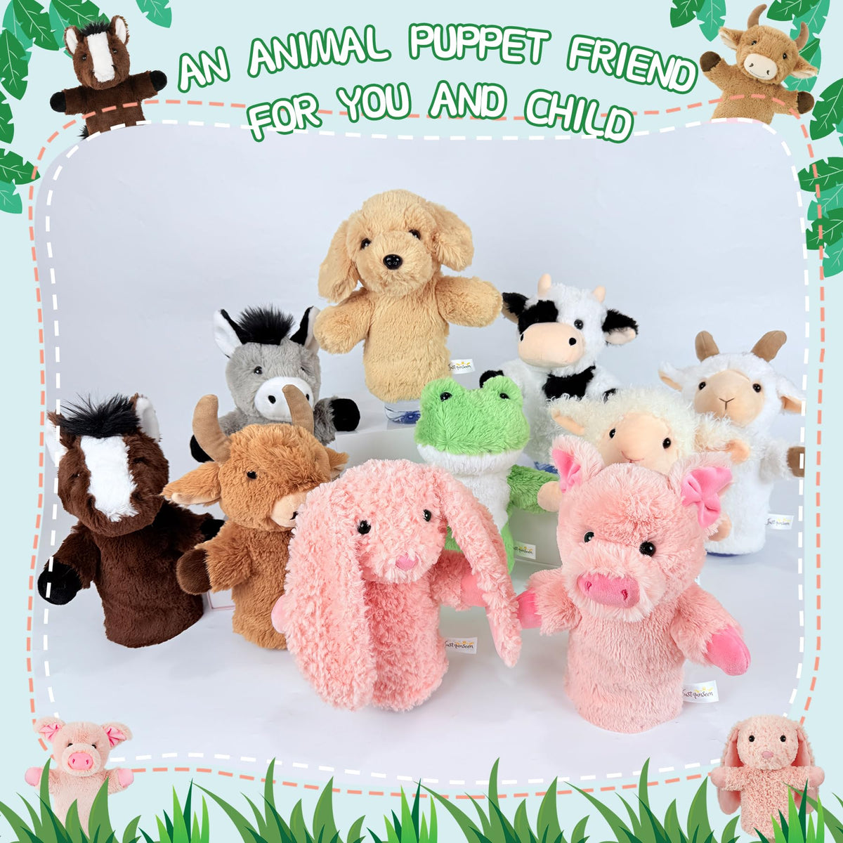 JUSTQUNSEEN plush lamb hand puppet on bedside for bedtime stories.