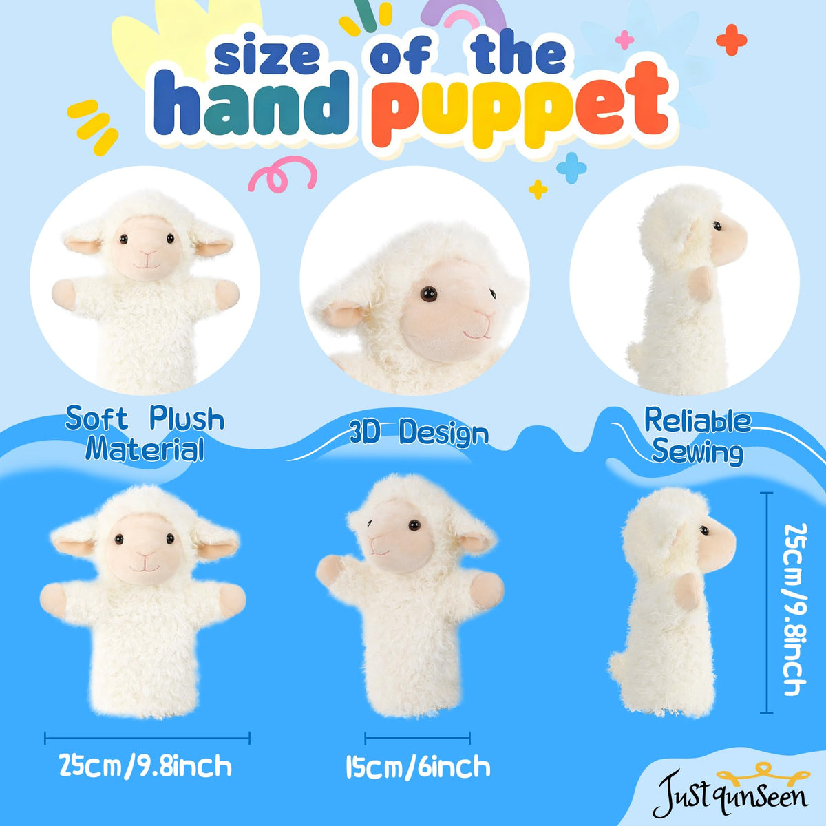 JUSTQUNSEEN plush lamb hand puppet used in classroom activities.