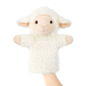 JUSTQUNSEEN plush lamb hand puppet front view, inviting storytelling.