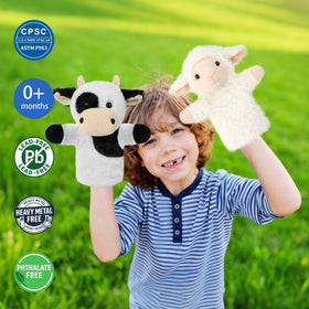 JUSTQUNSEEN plush lamb hand puppet side view showing soft, fuzzy texture.