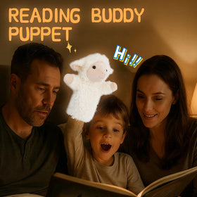 JUSTQUNSEEN plush lamb hand puppet in storytime setting promotes imagination.