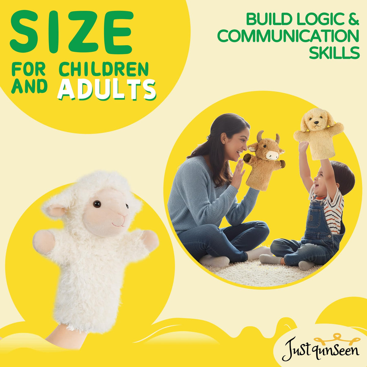 JUSTQUNSEEN plush lamb hand puppet washable tag visible for easy cleaning.