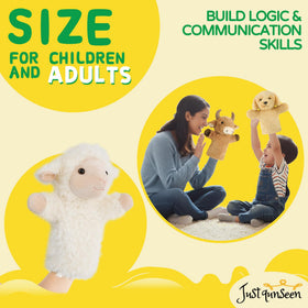 JUSTQUNSEEN plush lamb hand puppet washable tag visible for easy cleaning.