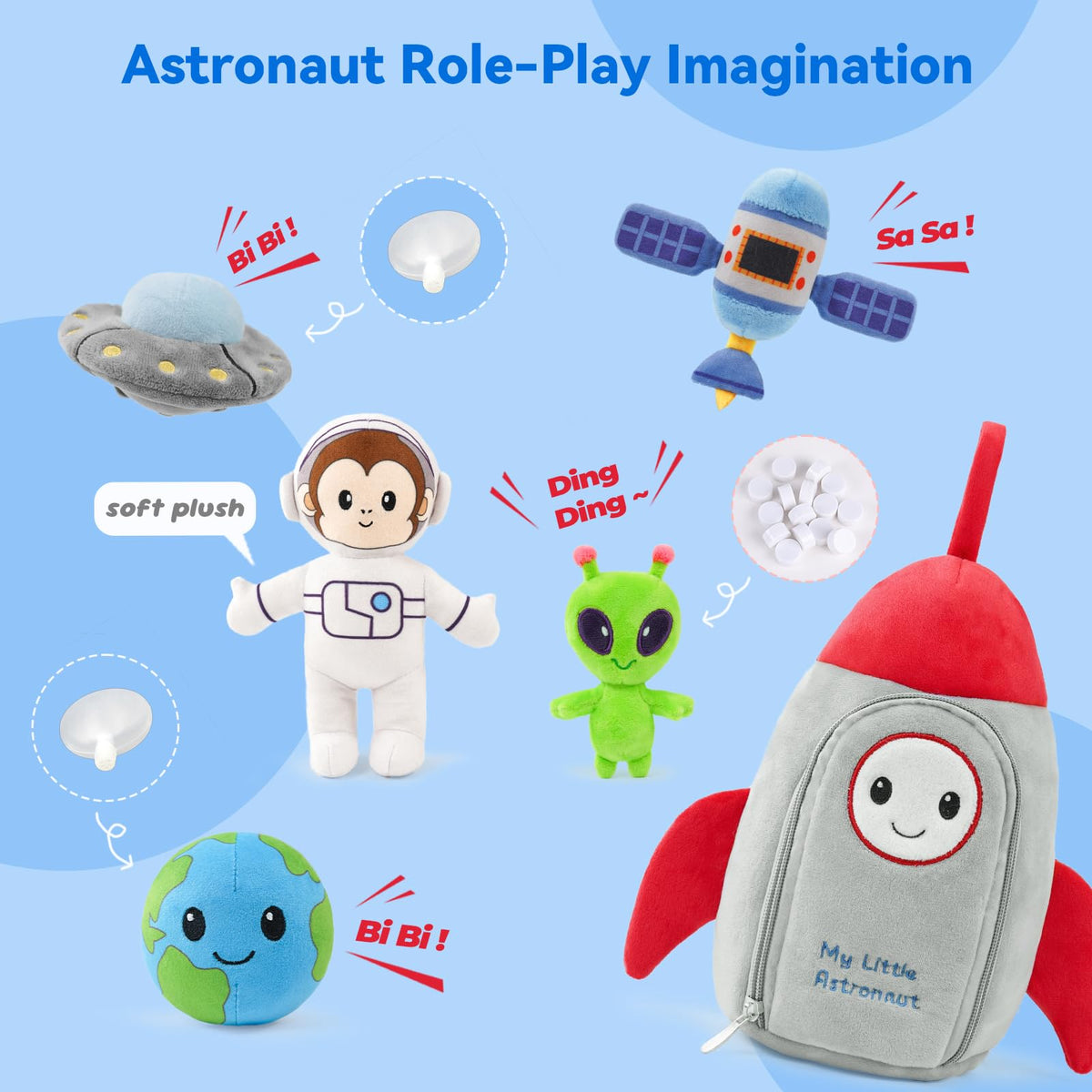 JUSTQUNSEEN satellite plush toy supports storytelling and fine motor exploration.