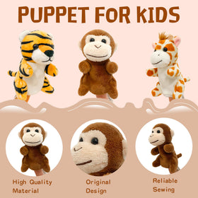 JUSTQUNSEEN monkey and giraffe finger puppet highlight playful animal storytelling.
