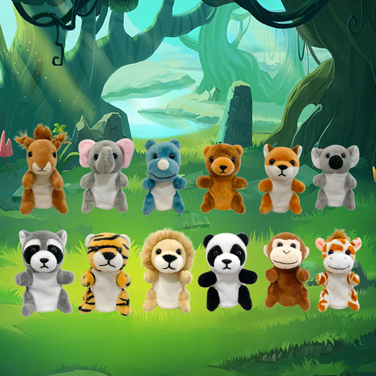 JUSTQUNSEEN panda, koala, and elephant puppets encourage imaginative classroom storytelling.