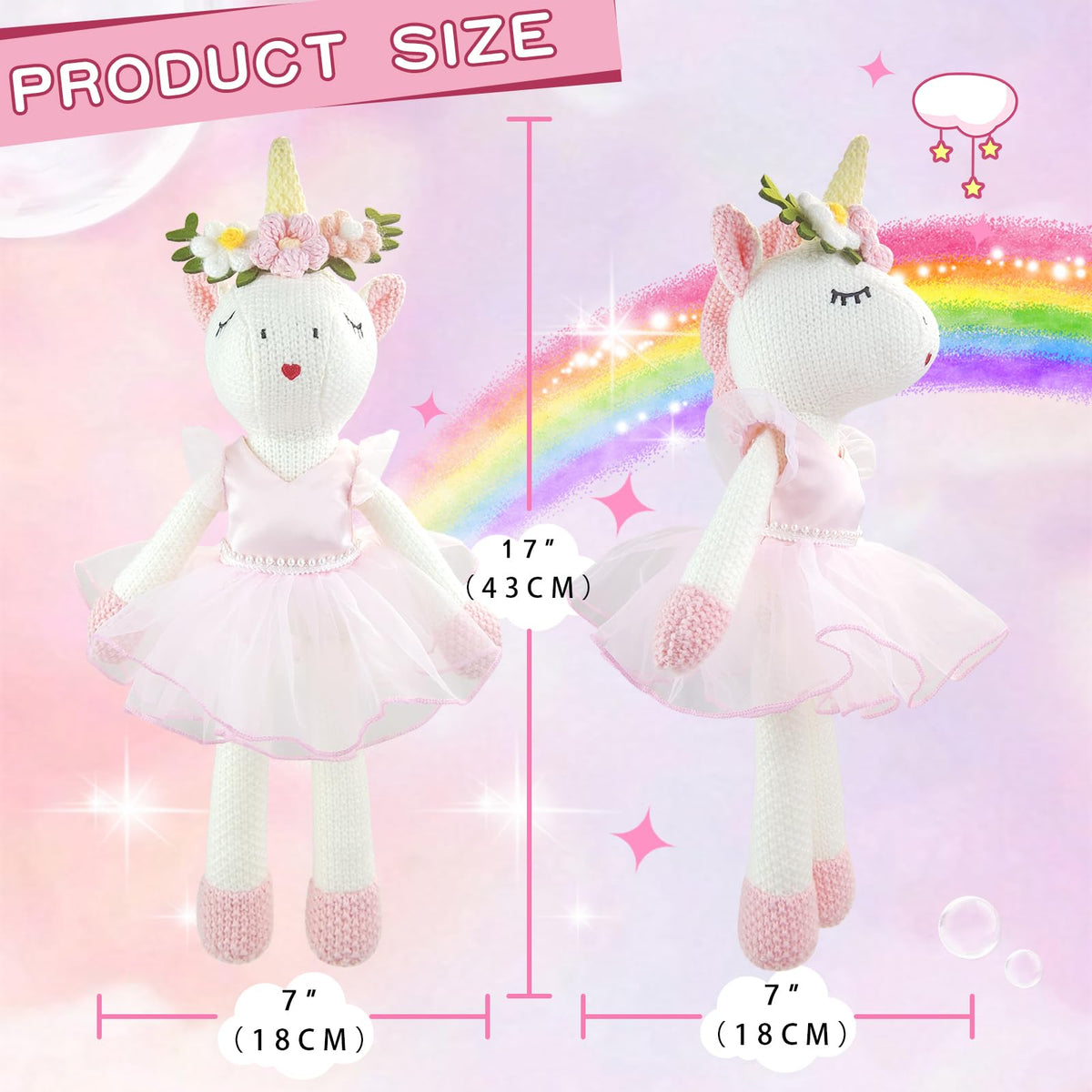 JUSTQUNSEEN unicorn plush with pink dress detail and pearl belt.