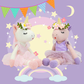 JUSTQUNSEEN yellow horn unicorn plush with friendly face.