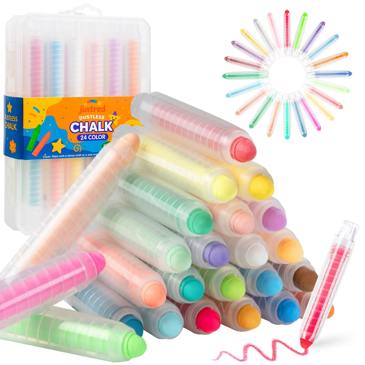 JustRed dustless chalk kids box keeps hands clean for indoor and outdoor drawing.