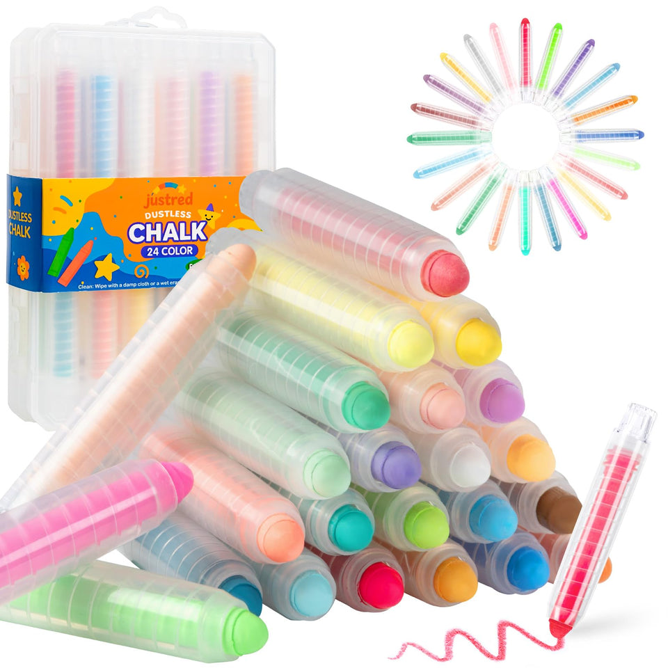 JustRed dustless chalk kids box keeps hands clean for indoor and outdoor drawing.