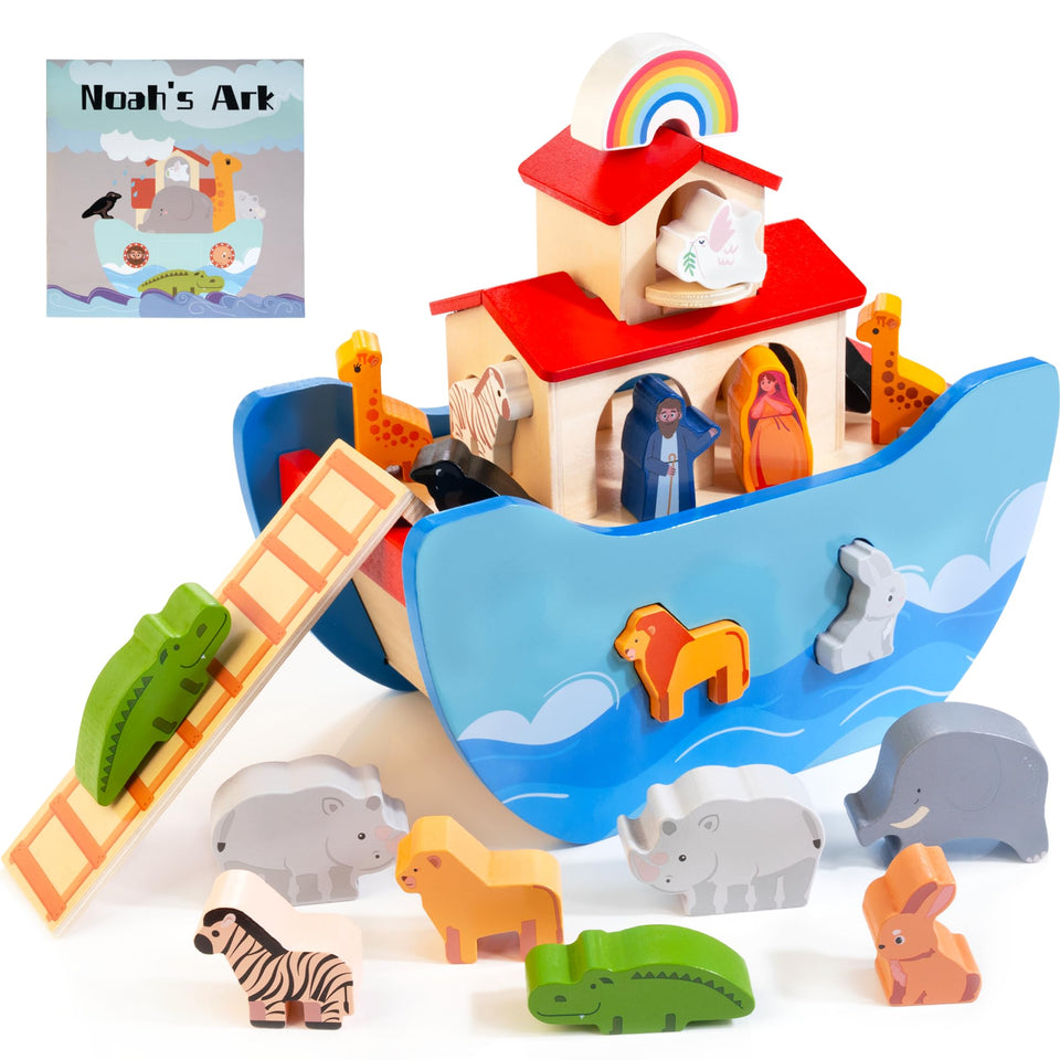 JUSTWOOD Noah's Ark wooden ark for imaginative play and fine motor skill development