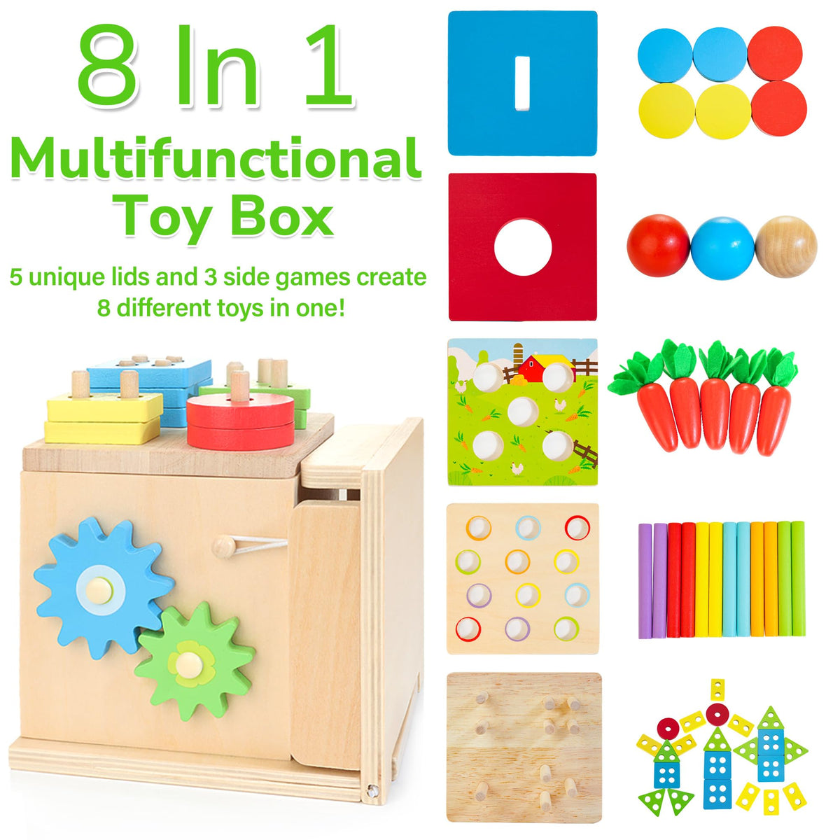 JUSTWOOD object permanent box stores all pieces for tidy play sessions.