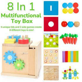 JUSTWOOD object permanent box stores all pieces for tidy play sessions.