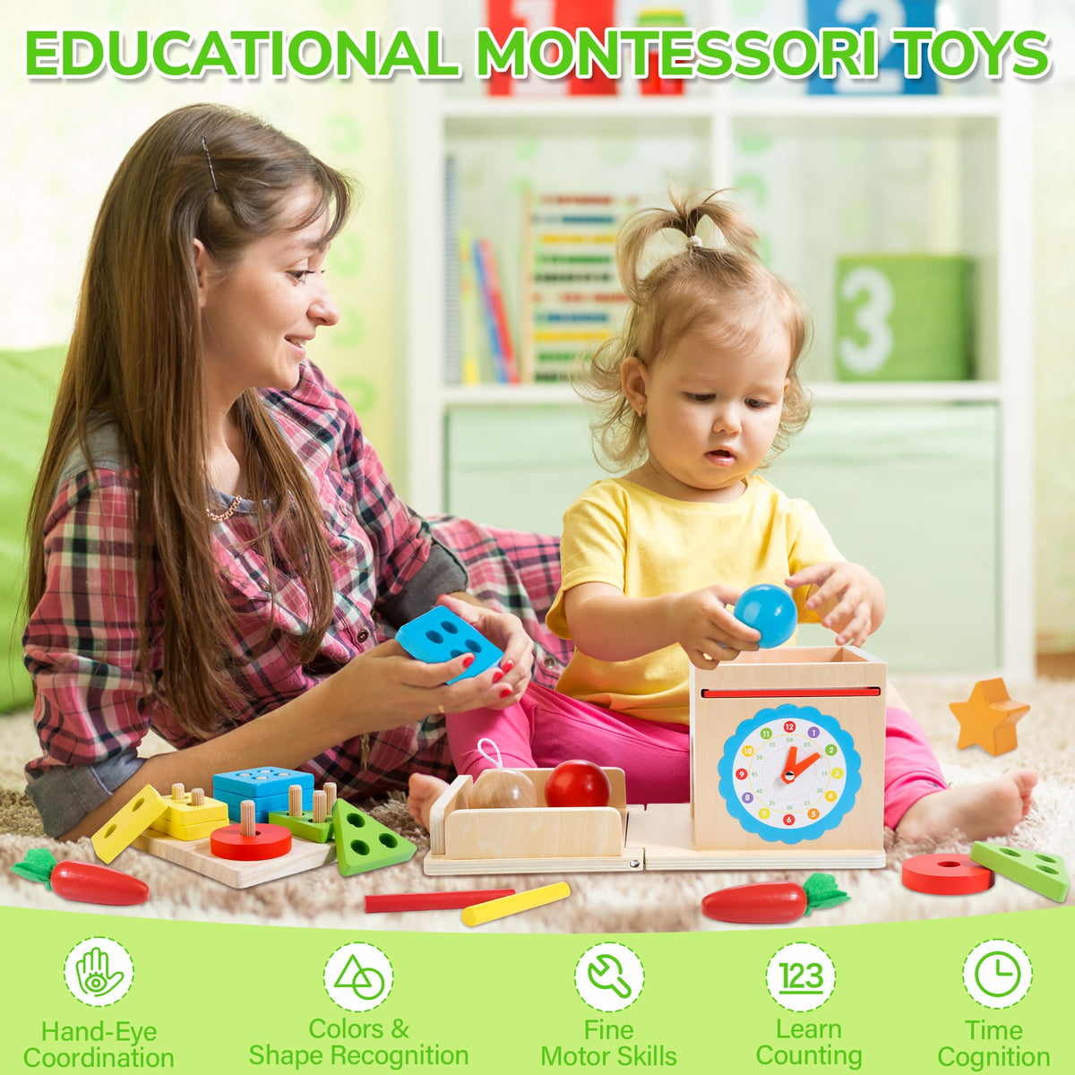 JUSTWOOD wood toys finished with water-based paint for a smooth, non-toxic feel.