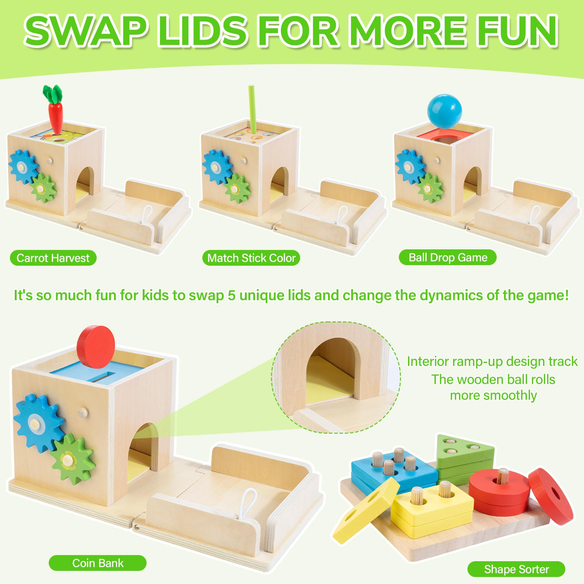 JUSTWOOD sorting and stacking toy strengthens color recognition and fine motor skills.