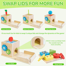 JUSTWOOD sorting and stacking toy strengthens color recognition and fine motor skills.
