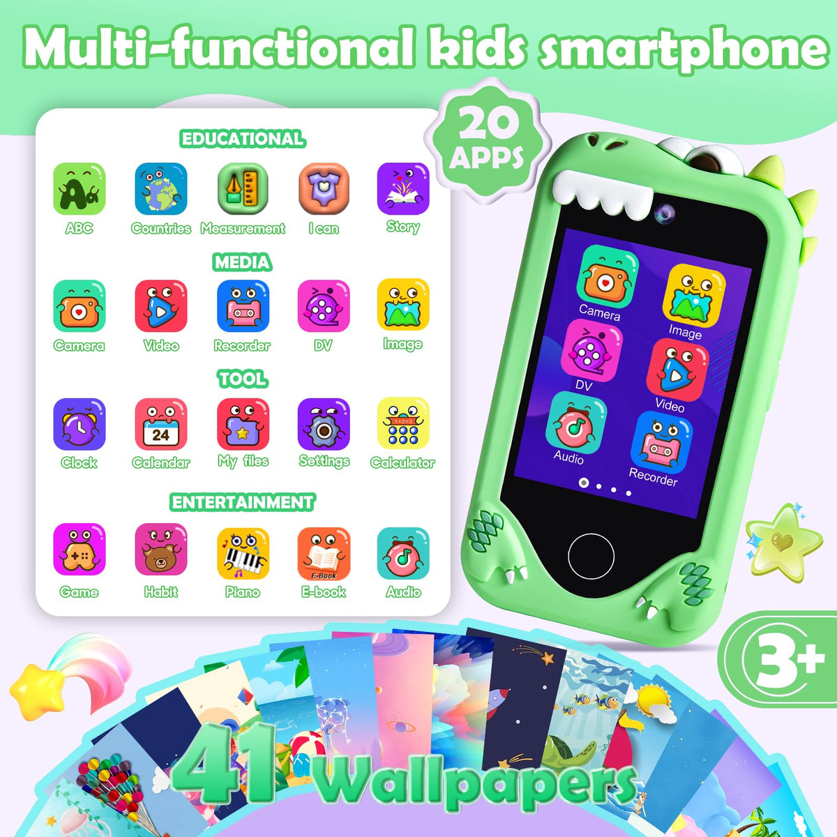 Jusvenmt dinosaur phone side view, compact size for small hands.