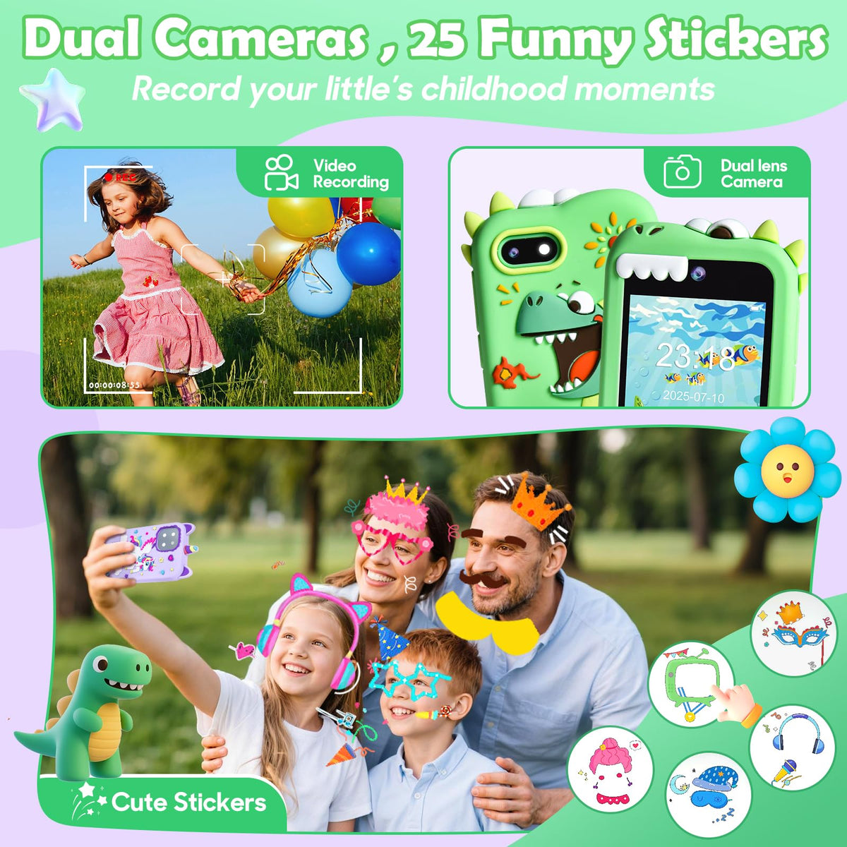 Jusvenmt dual camera feature, capturing fun moments for kids.