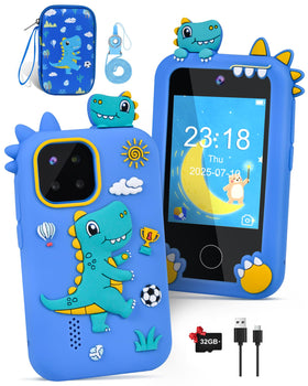 Jusvenmt Kids Phone front view with dinosaur design and touch features for safe learning