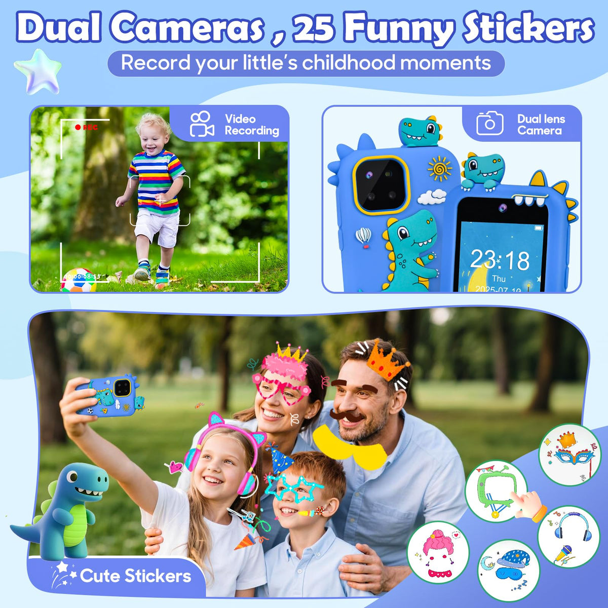 Jusvenmt Kids Phone dual cameras blue emphasizing photo and video play